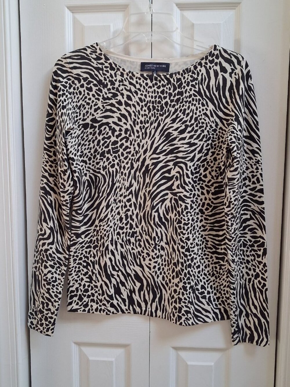 JONES NEW YORK Black/Cream Silk Blend Animal Print Sweater sz S